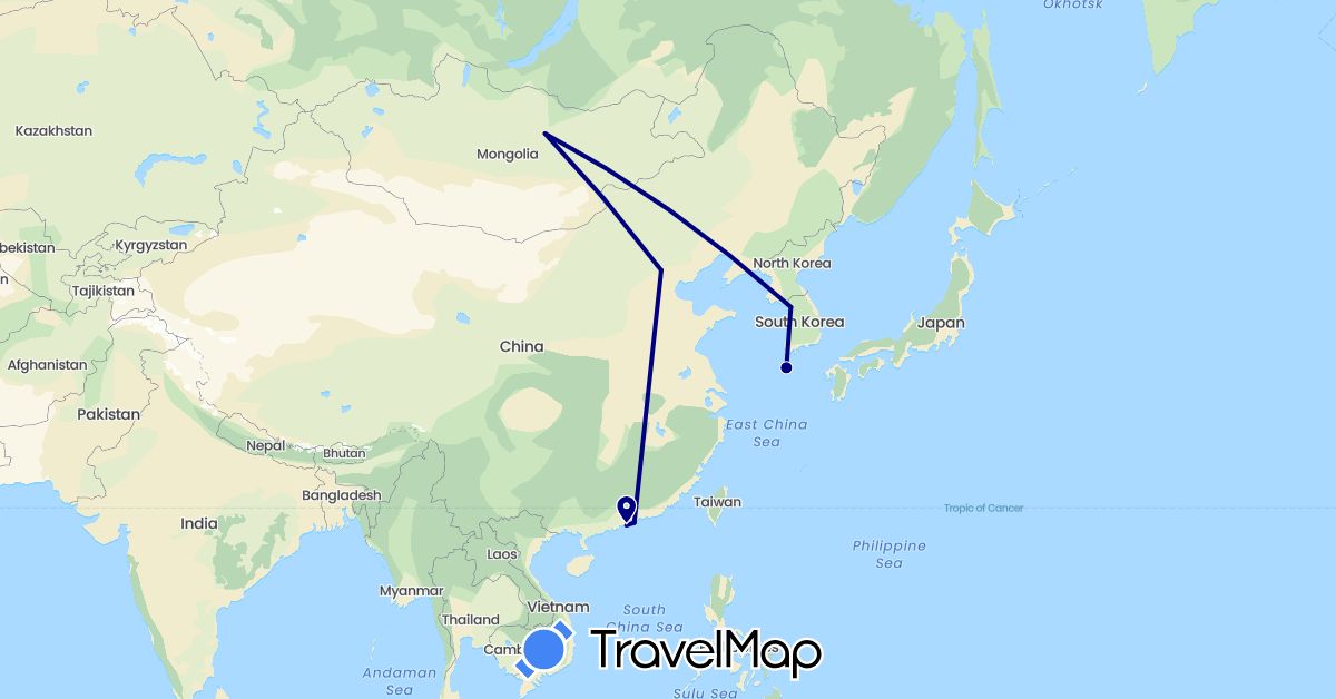 TravelMap itinerary: driving in China, South Korea, Mongolia (Asia)